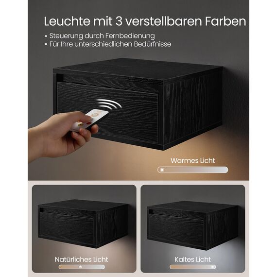 VASAGLE Kailyn Kollektion - Nachttisch hängend, Leuchte mit 3 Farben, schwebendes Wandregal, Schublade, 35 x 40 x 18 cm, modern, Wohnzimmer Schlafzimmer, ebenholzschwarz LET654B01