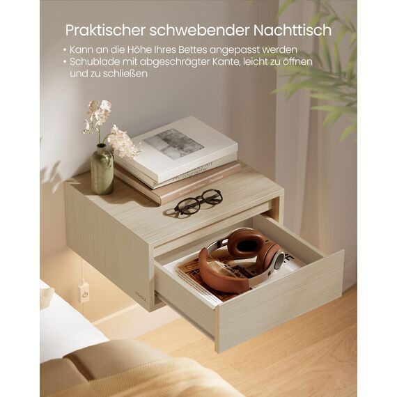 VASAGLE Nachttisch hängend 2er Set, Leuchte mit 3 Farben, schwebendes Wandregal, Schublade, 35 x 40 x 18 cm, modern, Wohnzimmer Schlafzimmer, naturbeige LET854N01