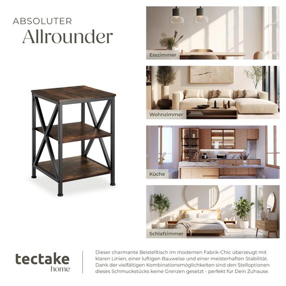 tectake® Beistelltisch aus Holz und Metall, Nachttisch mit 3 Ebenen, X-förmige Streben, Industrie-Design, Vintage Couchtisch, schwarzes Metallgestell (Industrial Dunkelbraun)