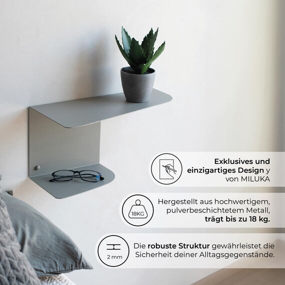 MILUKA Nachttisch Schmal hängend Grau Metall | 2er-Set, 40 x 20 cm | Schwebende Nachttische mit 2 Ebenen | Wandregal auch als Konsoletisch, Eckregal und Nachtkommode.