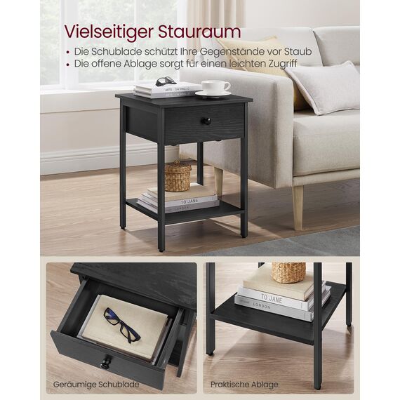 VASAGLE Nachttisch, 2er Set, Nachtkommode, Beistelltisch mit Schublade und Ablage, 40 x 40 x 55 cm, Schlafzimmer, Wohnzimmer, Stahlrahmen, einfacher Aufbau, ebenholzschwarz LET506B56