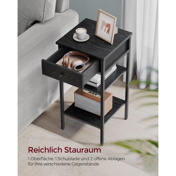 VASAGLE Nachttisch, Beistelltisch, hoch, mit Einer Schublade und 2 offenen Fächern, 1 verstellbare Ablage, platzsparend, verstellbare Füße, Industrie-Design, ebenholzschwarz-tintenschwarz LET502B56