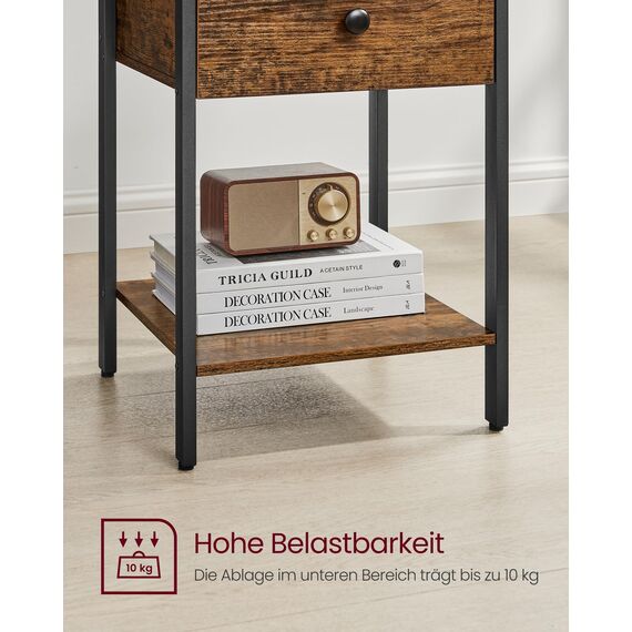 VASAGLE Nachttisch, Nachtkommode, Beistelltisch mit Schublade und Ablage, 40 x 40 x 55 cm, Schlafzimmer, Wohnzimmer, Stahlrahmen, einfacher Aufbau, vintagebraun-schwarz LET55BX
