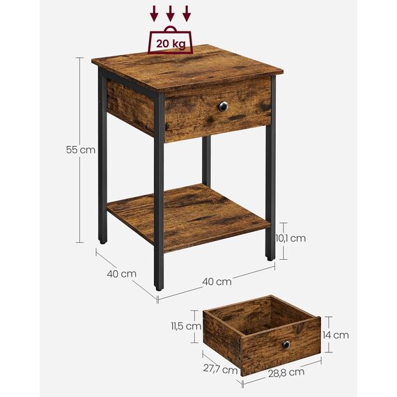 VASAGLE Nachttisch, Nachtkommode, Beistelltisch mit Schublade und Ablage, 40 x 40 x 55 cm, Schlafzimmer, Wohnzimmer, Stahlrahmen, einfacher Aufbau, vintagebraun-schwarz LET55BX