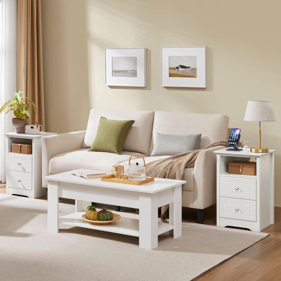 Yaheetech Nachttisch mit Steckdoese und USB-Aschlüssen Beistelltisch Holz 2 Schubladen Nachtschrank Boxspringbett Nachtkommode mit 1 offenes Fach Sofatisch für Wohnzimmer Schlafzimmer, Weiß