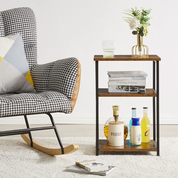IBUYKE Beistelltisch,Nachttische mit 3 Ebenen,Kleiner Couchtisch,Metallgestell,Industrie-Design,für Wohnzimmer, Schlafzimmer, Braun TMJ402H