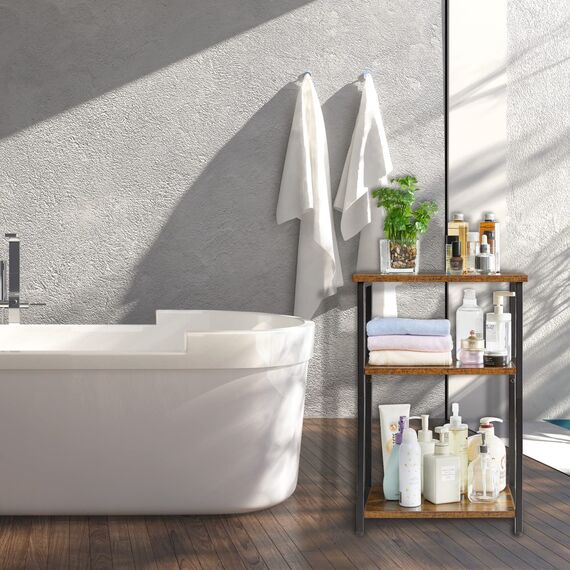 IBUYKE Beistelltisch,Nachttische mit 3 Ebenen,Kleiner Couchtisch,Metallgestell,Industrie-Design,für Wohnzimmer, Schlafzimmer, Braun TMJ402H