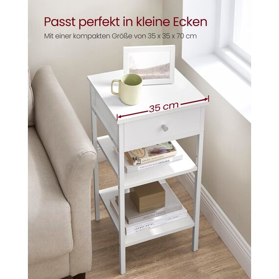 VASAGLE Nachttisch, Beistelltisch, hoch, mit Einer Schublade und 2 offenen Fächern, 1 verstellbare Ablage, platzsparend, verstellbare Füße, modern, weiß LET502B14