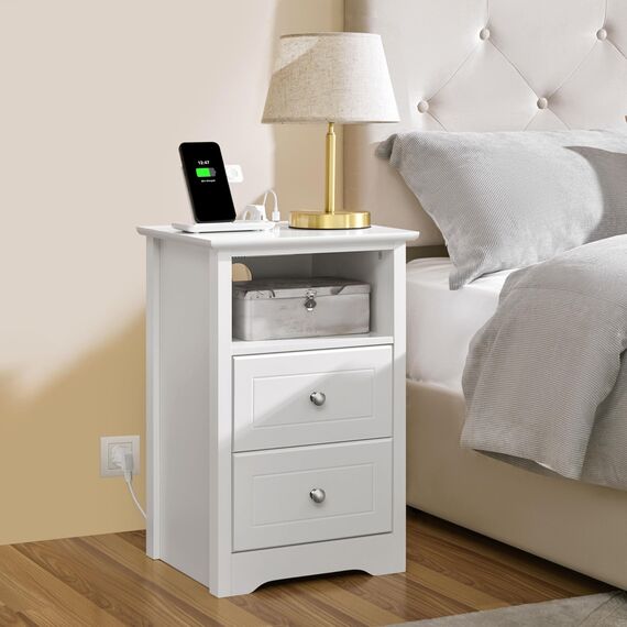 Yaheetech Nachttisch mit Steckdoese und USB-Aschlüssen Beistelltisch Holz 2 Schubladen Nachtschrank Boxspringbett Nachtkommode mit 1 offenes Fach Sofatisch für Wohnzimmer Schlafzimmer, Weiß