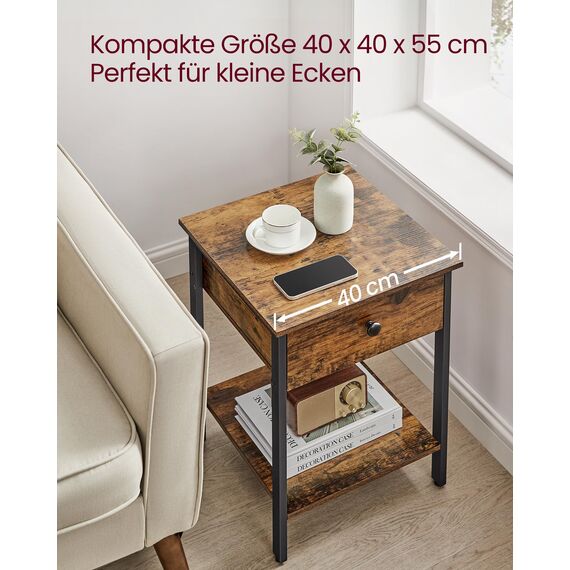 VASAGLE Nachttisch, Nachtkommode, Beistelltisch mit Schublade und Ablage, 40 x 40 x 55 cm, Schlafzimmer, Wohnzimmer, Stahlrahmen, einfacher Aufbau, vintagebraun-schwarz LET55BX