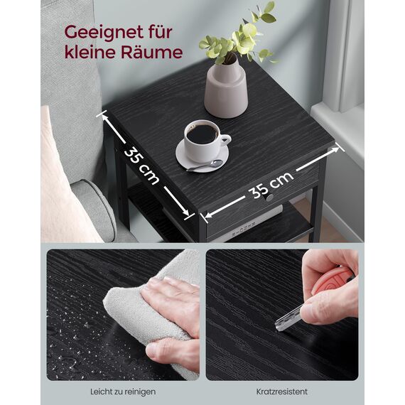 VASAGLE Nachttisch, Beistelltisch, hoch, mit Einer Schublade und 2 offenen Fächern, 1 verstellbare Ablage, platzsparend, verstellbare Füße, Industrie-Design, ebenholzschwarz-tintenschwarz LET502B56