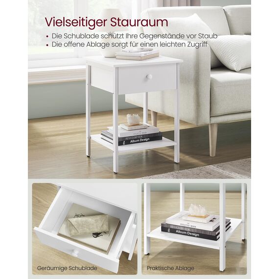 VASAGLE Nachttisch, Nachtkommode, Beistelltisch mit Schublade und Ablage, 40 x 40 x 55 cm, Schlafzimmer, Wohnzimmer, Stahlrahmen, einfacher Aufbau, mattweiß LET055W14