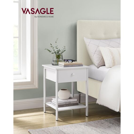 VASAGLE Nachttisch, Nachtkommode, Beistelltisch mit Schublade und Ablage, 40 x 40 x 55 cm, Schlafzimmer, Wohnzimmer, Stahlrahmen, einfacher Aufbau, mattweiß LET055W14