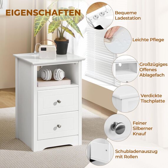 Yaheetech Nachttisch mit Steckdoese und USB-Aschlüssen Beistelltisch Holz 2 Schubladen Nachtschrank Boxspringbett Nachtkommode mit 1 offenes Fach Sofatisch für Wohnzimmer Schlafzimmer, Weiß