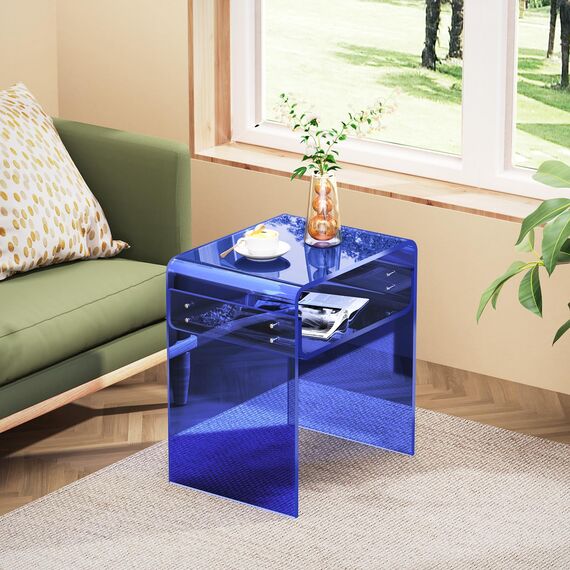 solaround Acryl Beistelltisch Nachttisch, Transparent U-Form Tisch, für Schlafzimmer Wohnzimmer, 40 x 30 x 50 cm (Dunkles Blau)