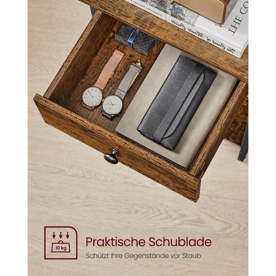 VASAGLE Nachttisch, Nachtkommode, Beistelltisch mit Schublade und Ablage, 40 x 40 x 55 cm, Schlafzimmer, Wohnzimmer, Stahlrahmen, einfacher Aufbau, vintagebraun-schwarz LET55BX