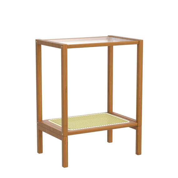 Bamworld Rattan Beistelltisch Wohnzimmer Glasstop Nachttisch Boho Beistelltisch 2-stöckig mit Stauraum Mid Century Moderner Nachttisch für kleine Räume schmaler Couchtisch Bambus
