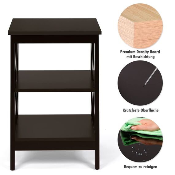 COSTWAY Nachttisch 3 Ebenen, Beistelltisch Nachtschrank, Sofatisch Couchtisch für Schlafzimmer, Wohnzimmer 40x40x61cm (X-förmig, Braun)