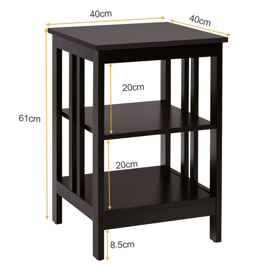 COSTWAY Nachttisch 3 Ebenen, 2er Set Beistelltisch Nachtschrank, Sofatisch Couchtisch für Schlafzimmer, Wohnzimmer 40x40x61cm (II-förmig, Braun)