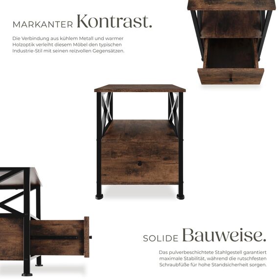 tectake® Nachttisch mit Schublade, Nachtkästchen Holz und Metall, Kleiner Schrank, Beistelltisch, Blumenständer, Deko Wohnzimmer Möbel, Nachtschrank mit Ablagen - Industrial Dunkelbraun