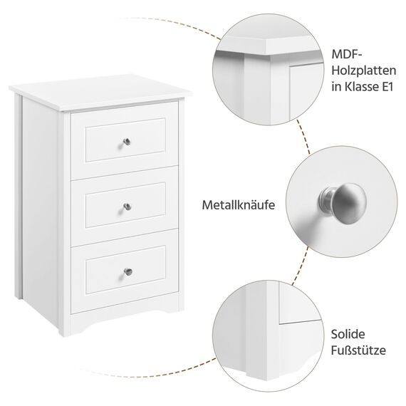 Yaheetech Nachtkommode mit 3 Schubladen moderner Nachttisch Nachtkonsole für Boxspringbett Nachtschrank für Schlafzimmer Wohnzimmer Weiß Holz