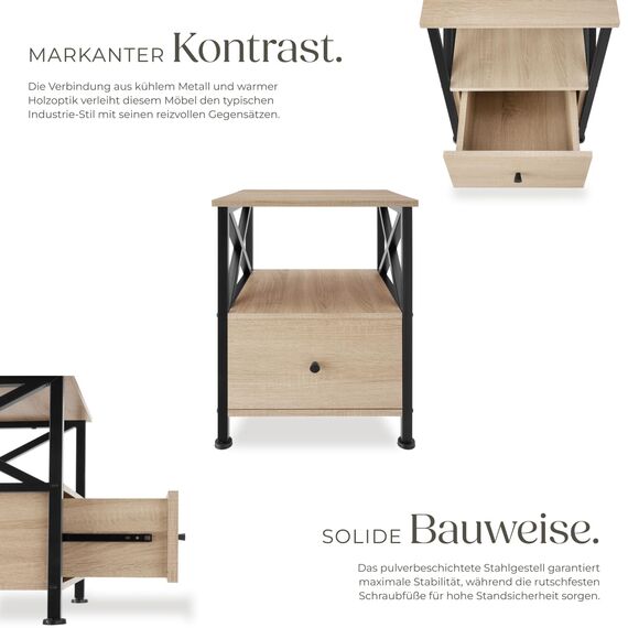 tectake® Nachttisch mit Schublade, Nachtkästchen Holz und Metall, Kleiner Schrank, Beistelltisch, Blumenständer, Deko Wohnzimmer Möbel, Nachtschrank mit Ablagen - Industrial Holz Hell, Eiche Sonoma