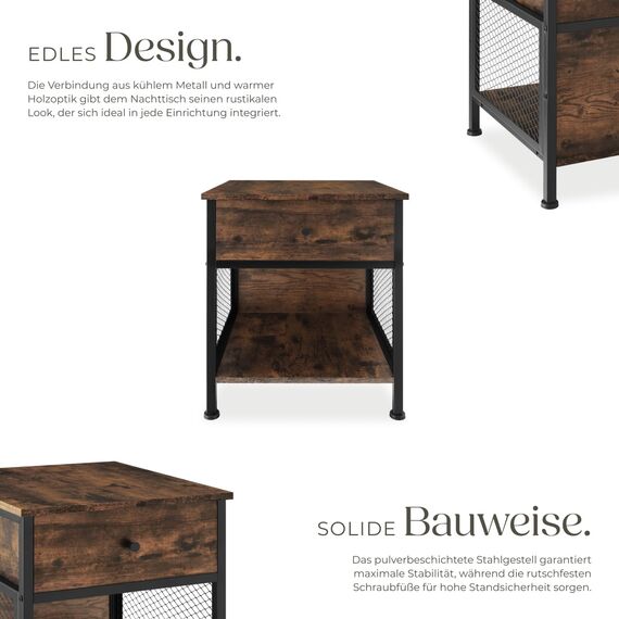 tectake® Nachttisch mit Schublade + Staufach, Nachtkommode mit Gittereinsatz, kleines Schränkchen 45 x 46 x 55,5 cm, Nachtkasten, Nachtschränkchen, Telefonschrank - Industrial Holz hell, Eiche Sonoma