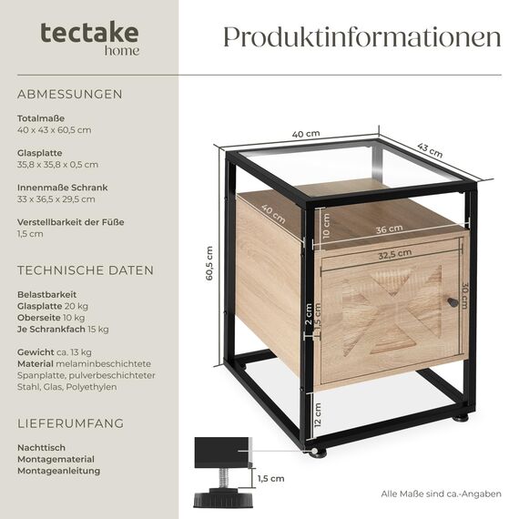 tectake® Nachttisch mit Glasoberfläche, 40 x 43 x 60,5 cm, Beistelltisch Holz + Metall, Nachtschrank für Boxspringbetten, Deko Schlafzimmer, Deko Wohnzimmer - Industrial Holz hell, Eiche Sonoma