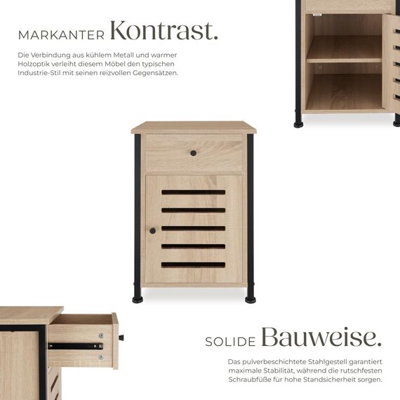 tectake® Nachttisch mit Schublade, Beistelltisch Holz, Nachttisch, Nachtschrank 40 x 42 x 60,5 cm, Deko Wohnzimmer Möbel, Blumenständer, Deko Schlafzimmer - Industrial Holz hell, Eiche Sonoma