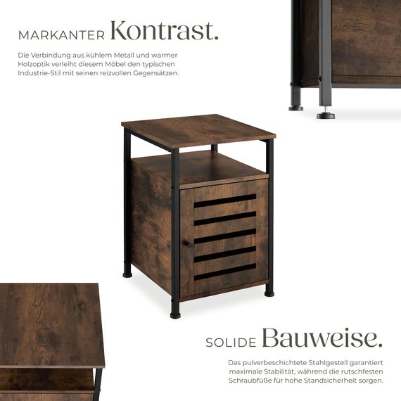 tectake® Beistellschrank, Nachttisch mit Ablage, Nachtschrank aus Holz und Metall, 40,5 x 60,5 cm, Deko Schlafzimmer, Wohnzimmer, Zimmer Deko, Blumenständer - Industrial Holz dunkel, rustikal