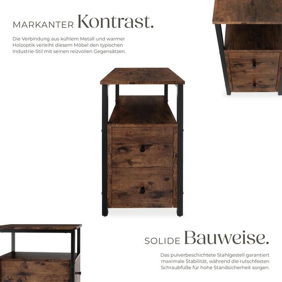 tectake® Nachttisch schmal, Nachtschrank mit 2 Schubladen und 2 Ablagen, schmaler Schrank 30 x 49,5 x 61,5 cm, Nischenschrank, Nachtkästchen, Beistelltisch schmal - Industrial dunkel, rustikal