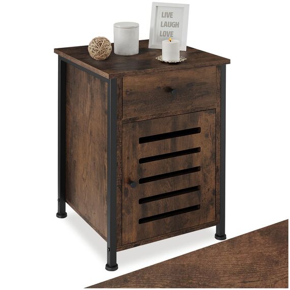 tectake® Nachttisch mit Schublade, Beistelltisch Holz, Nachttisch, Nachtschrank 40 x 42 x 60,5 cm, Deko Wohnzimmer Möbel, Blumenständer, Deko Schlafzimmer - Industrial Holz dunkel, rustikal