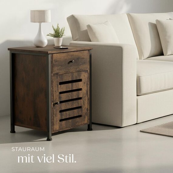 tectake® Nachttisch mit Schublade, Beistelltisch Holz, Nachttisch, Nachtschrank 40 x 42 x 60,5 cm, Deko Wohnzimmer Möbel, Blumenständer, Deko Schlafzimmer - Industrial Holz dunkel, rustikal