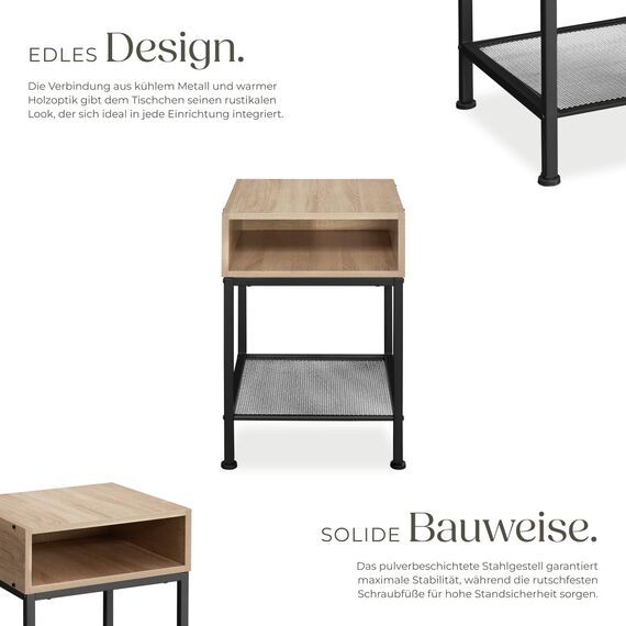 tectake® Nachttisch, Beistelltisch Couch mit offenem Fach und Gitterablage, Pflanzenständer, Möbel Deko Schlafzimmer, Nachtschrank, Wohnzimmer Möbel, Zimmer Deko - Industrial Holz hell, Eiche Sonoma