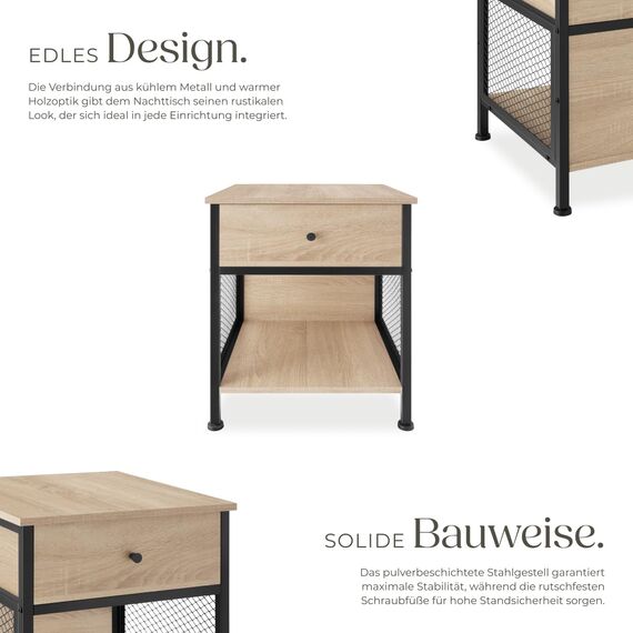 tectake® Nachttisch mit Schublade + Staufach, Nachtkommode mit Gittereinsatz, kleines Schränkchen 45 x 46 x 55,5 cm, Nachtkasten, Nachtschränkchen, Telefonschrank - Industrial Holz hell, Eiche Sonoma