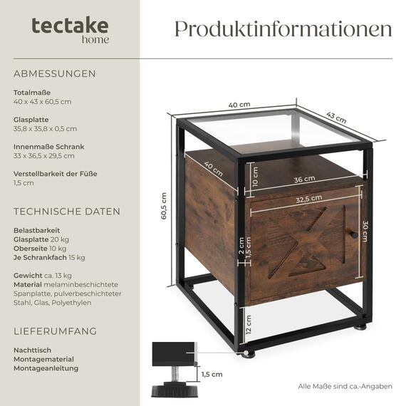 tectake® Nachttisch mit Glasoberfläche, 40x43x60,5cm, Beistelltisch Holz + Metall, Nachtschrank für Boxspringbetten, Deko Schlafzimmer Deko Wohnzimmer Nischenschrank - Industrial Holz dunkel, rustikal