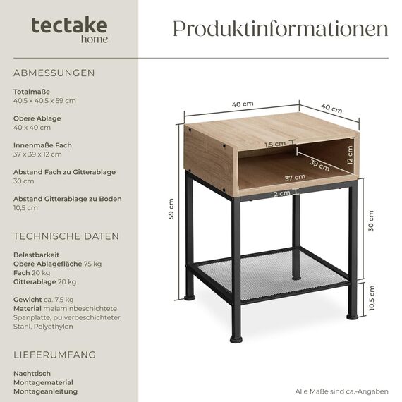 tectake® Nachttisch, Beistelltisch Couch mit offenem Fach und Gitterablage, Pflanzenständer, Möbel Deko Schlafzimmer, Nachtschrank, Wohnzimmer Möbel, Zimmer Deko - Industrial Holz hell, Eiche Sonoma