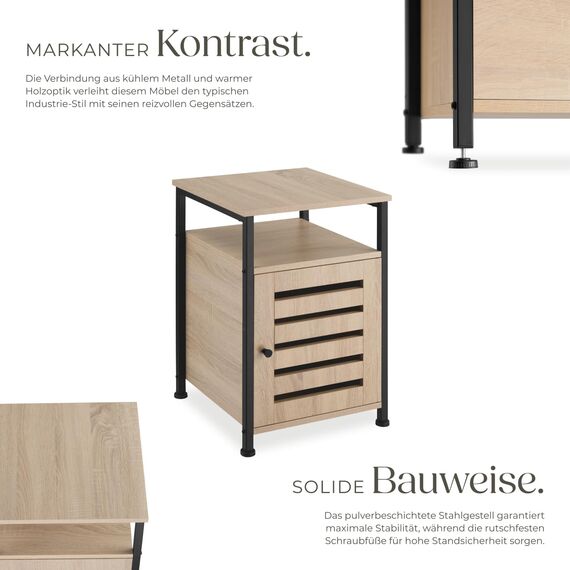 tectake® Beistellschrank, Nachttisch mit Ablage, Nachtschrank aus Holz und Metall, 40,5 x 60,5 cm, Deko Schlafzimmer, Wohnzimmer, Zimmer Deko, Blumenständer - Industrial Holz hell, Eiche Sonoma