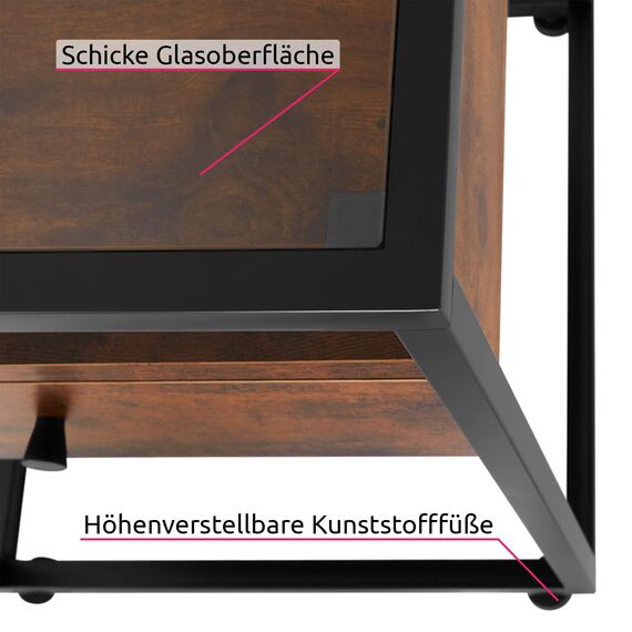 tectake® Nachttisch mit Glasplatte, 43 x 45 x 54,5 cm, Beistelltisch Couch, Deko Schlafzimmer Glastisch mit Ablage und Schublade - Industrial Dunkelbraun