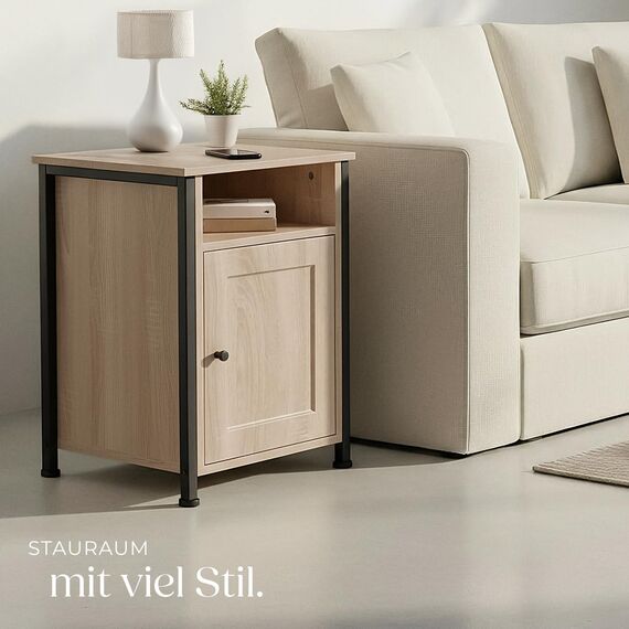 tectake® Nachttisch mit Ablage + Staufach, Nachtschrank, 40 x 42 x 60,5 cm, Beistelltisch, Deko Schlafzimmer, Deko Wohnzimmer Möbel, Blumenständer, Nischenschrank - Industrial Holz hell, Eiche Sonoma