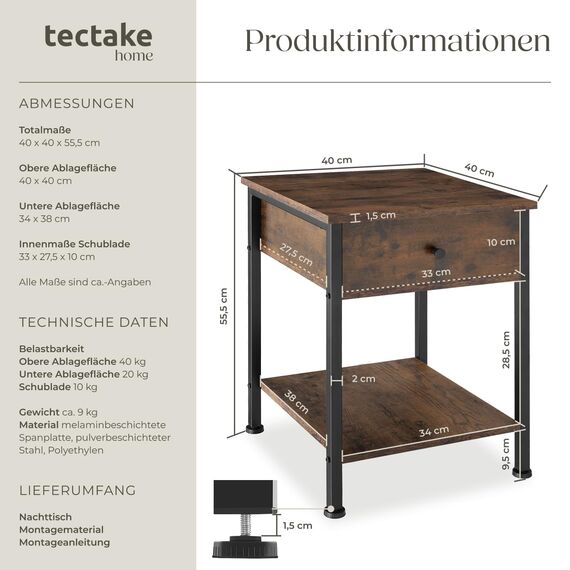 tectake® Nachttisch mit Schublade, 2 Ablagen, 40 x 40 x 55,5 cm, Couchtisch, Beistelltisch, Deko Wohnzimmer Möbel, Deko Schlafzimmer, Blumenständer, Nachtschrank - Industrial Dunkelbraun