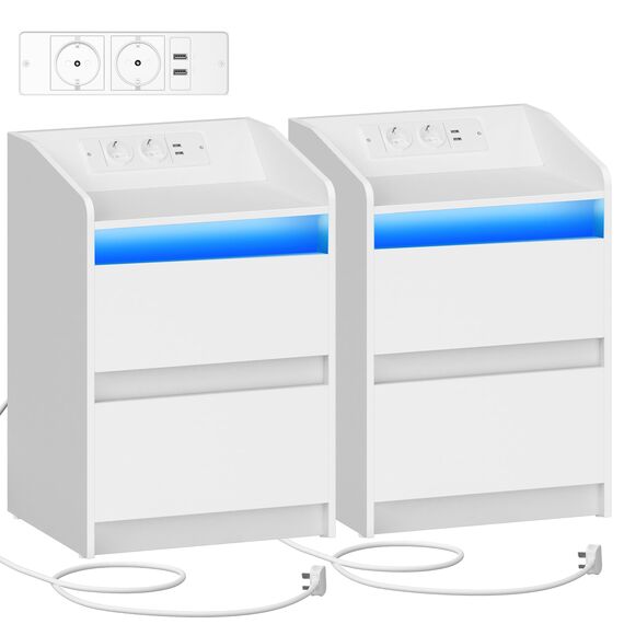 Hzuaneri Nachttische 2er Set mit LED-Lichtern, Ladestation und 2 Schubladen, Beistelltisch mit USB-Anschlüssen & Steckdosen, Stilvoll und vielseitig, für Wohnzimmer und Schlafzimmer, Weiß NS30103X