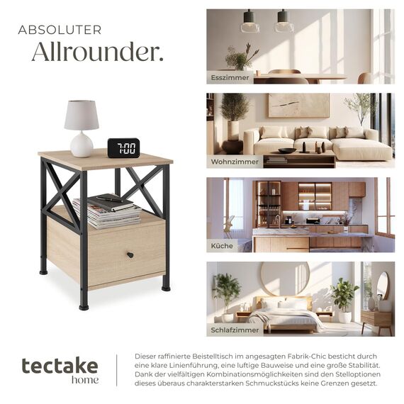 tectake® Nachttisch mit Schublade, Nachtkästchen Holz und Metall, Kleiner Schrank, Beistelltisch, Blumenständer, Deko Wohnzimmer Möbel, Nachtschrank mit Ablagen - Industrial Holz Hell, Eiche Sonoma