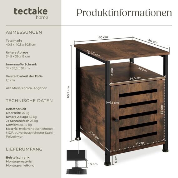 tectake® Beistellschrank, Nachttisch mit Ablage, Nachtschrank aus Holz und Metall, 40,5 x 60,5 cm, Deko Schlafzimmer, Wohnzimmer, Zimmer Deko, Blumenständer - Industrial Holz dunkel, rustikal