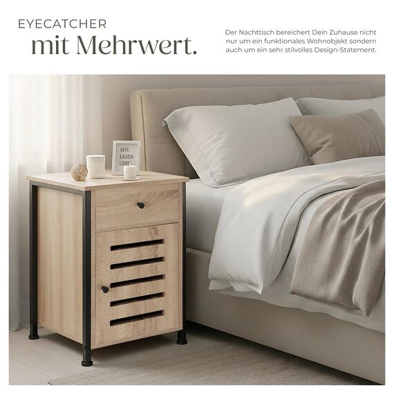tectake® Nachttisch mit Schublade, Beistelltisch Holz, Nachttisch, Nachtschrank 40 x 42 x 60,5 cm, Deko Wohnzimmer Möbel, Blumenständer, Deko Schlafzimmer - Industrial Holz hell, Eiche Sonoma