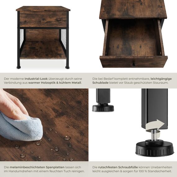 tectake® Nachttisch mit Schublade + Staufach, Nachtkommode mit Gittereinsatz, kleines Schränkchen 45 x 46 x 55,5 cm, Nachtkasten, Nachtschränkchen, Telefonschrank - Industrial Holz hell, Eiche Sonoma