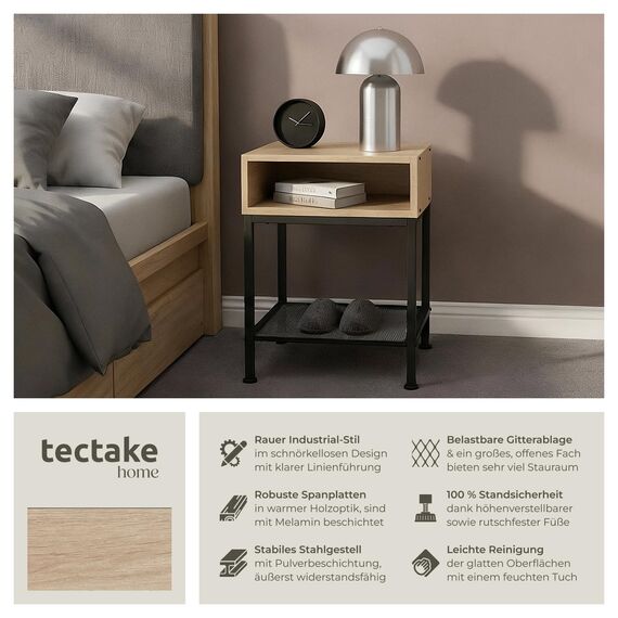 tectake® Nachttisch, Beistelltisch Couch mit offenem Fach und Gitterablage, Pflanzenständer, Möbel Deko Schlafzimmer, Nachtschrank, Wohnzimmer Möbel, Zimmer Deko - Industrial Holz hell, Eiche Sonoma