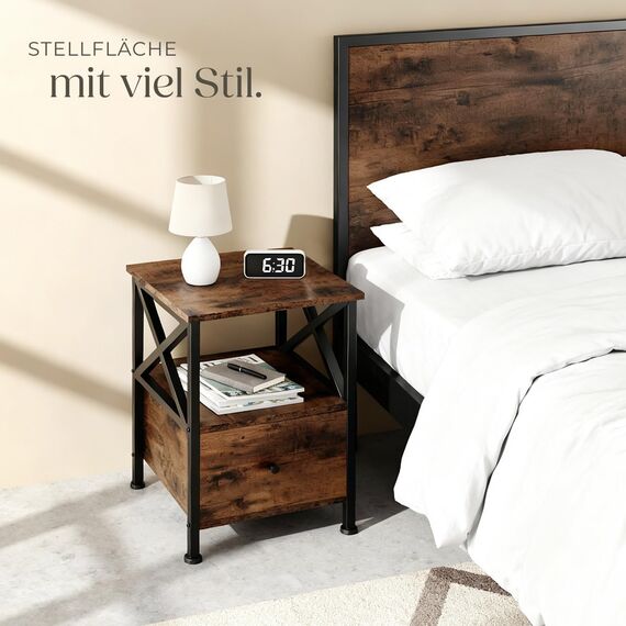 tectake® Nachttisch mit Schublade, Nachtkästchen Holz und Metall, Kleiner Schrank, Beistelltisch, Blumenständer, Deko Wohnzimmer Möbel, Nachtschrank mit Ablagen - Industrial Dunkelbraun