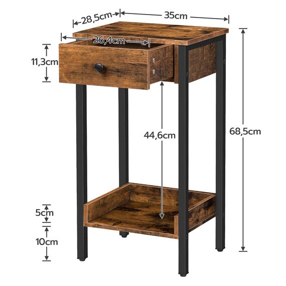 HOOBRO Beistelltisch, Nachttisch, Sofatisch mit Schublade und Ablage, Nachtkommode, Metallgestell, Robust und Stabil, Platzsparend, Dunkelbraun EBF71BZ01
