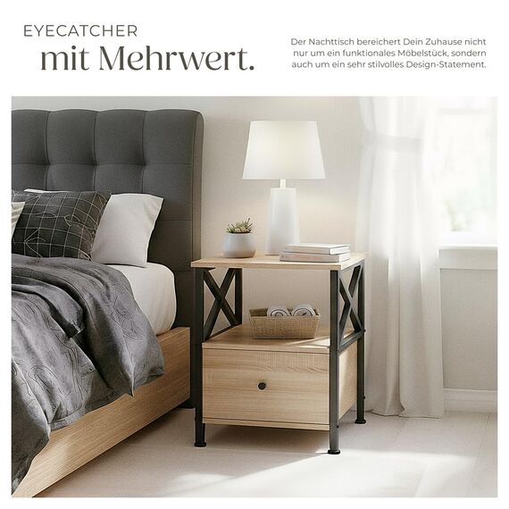 tectake® Nachttisch mit Schublade, Nachtkästchen Holz und Metall, Kleiner Schrank, Beistelltisch, Blumenständer, Deko Wohnzimmer Möbel, Nachtschrank mit Ablagen - Industrial Holz Hell, Eiche Sonoma